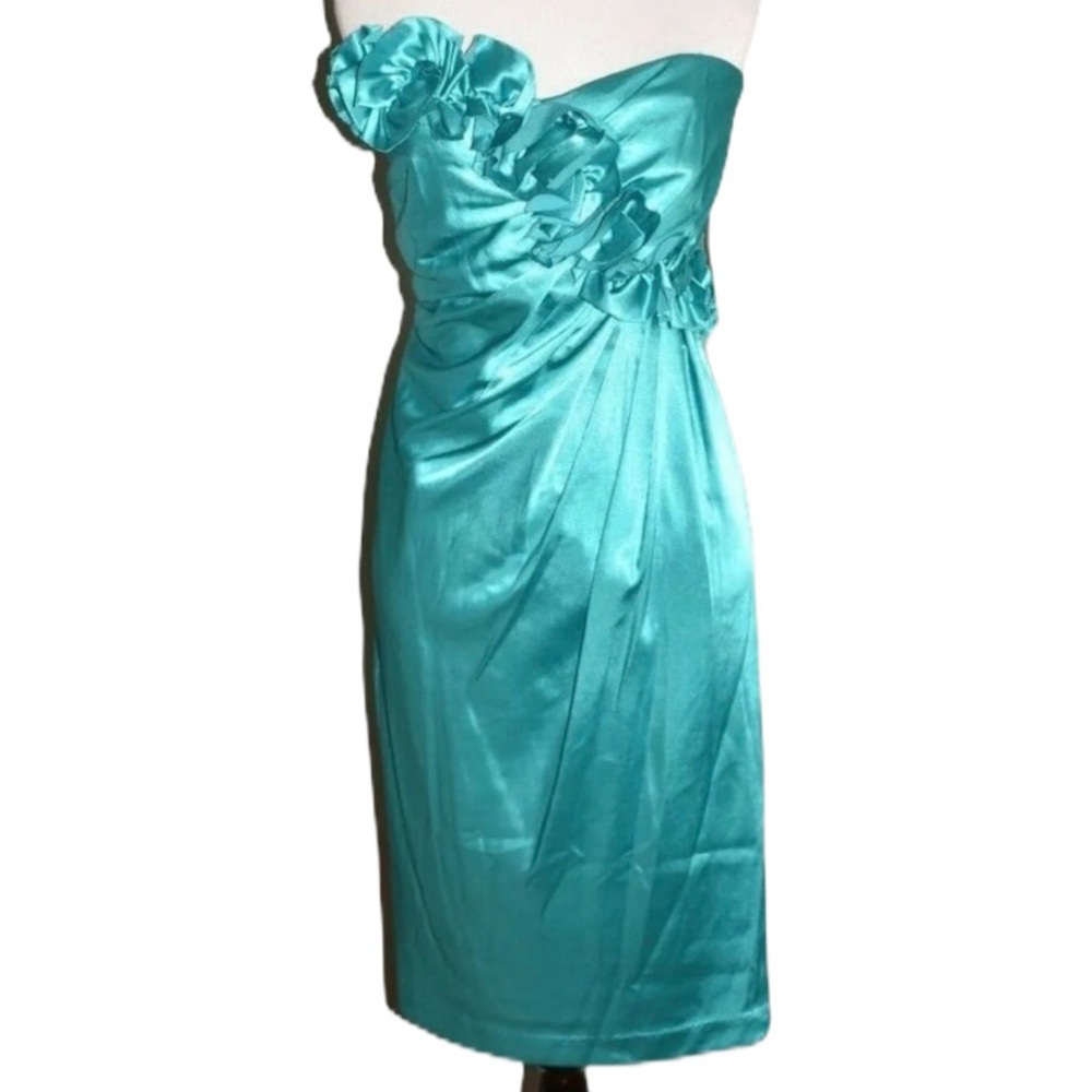 LONDON TIMES Blue Ruffle Strapless Cocktail Dress